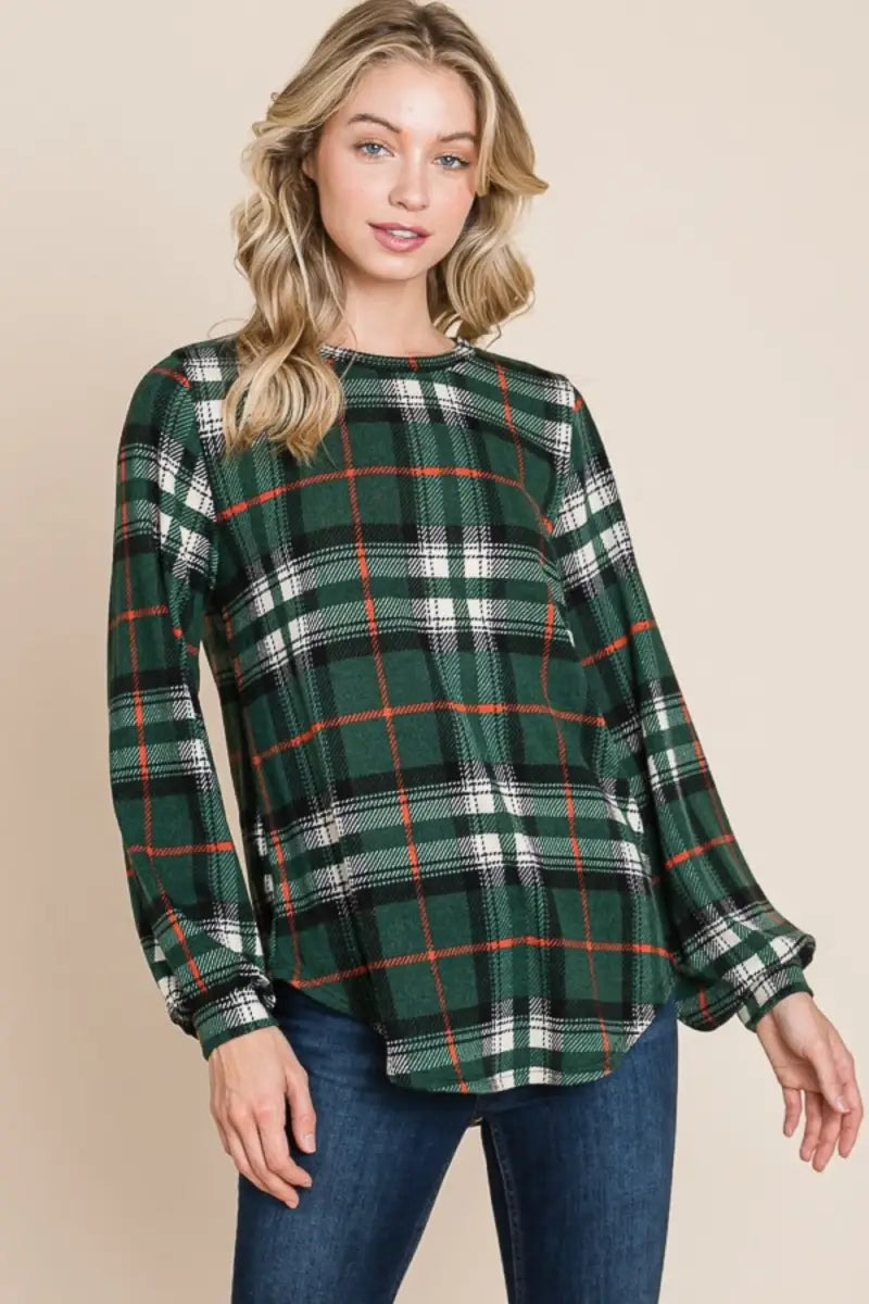 Green / S - Curved Hem Plaid Round Neck Long Sleeve Top - Shirt - BOMBOM - Tops