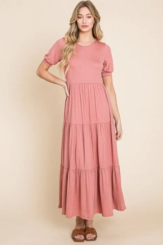 Short Sleeve Tiered Maxi Dress - Dress - BOMBOM - Dresses