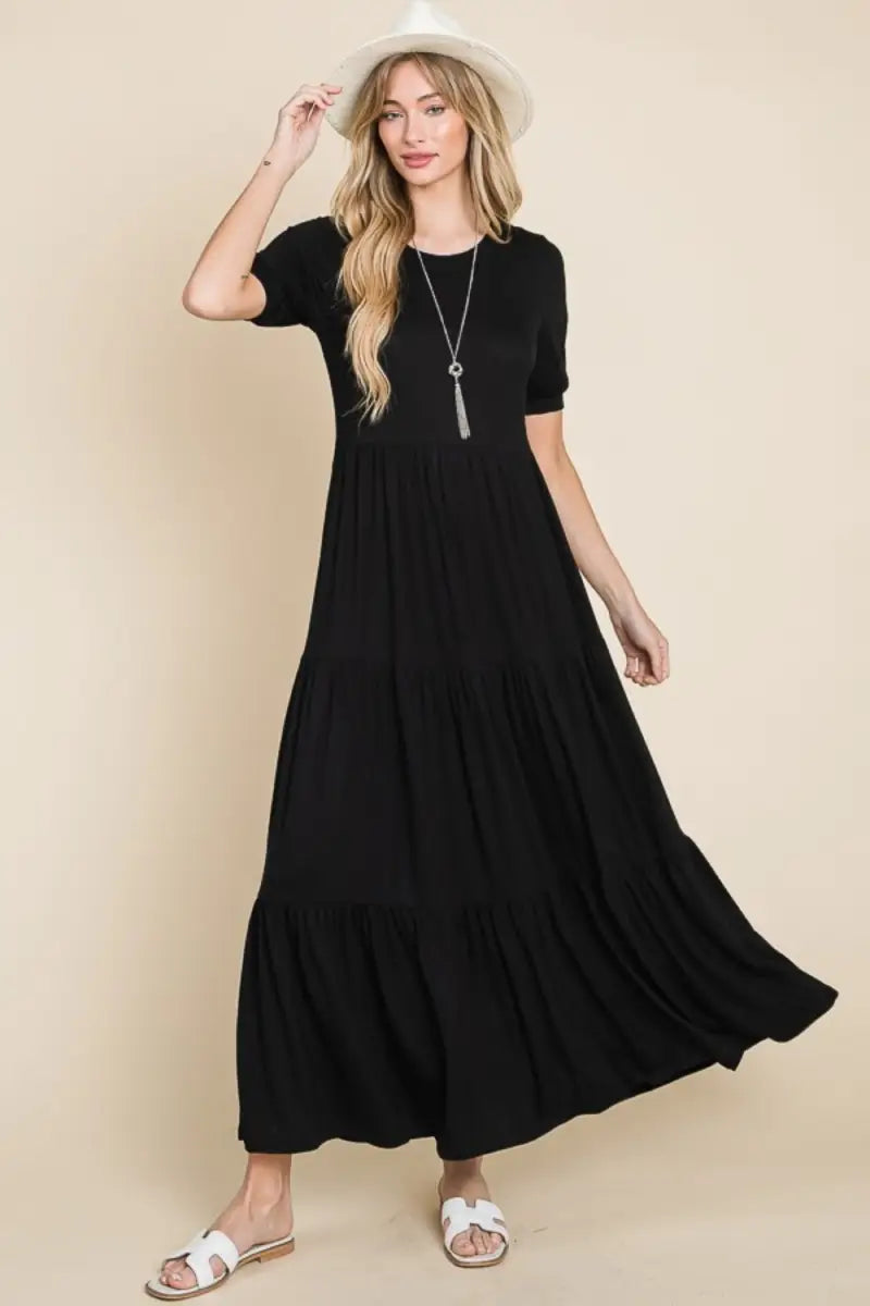 Short Sleeve Tiered Maxi Dress - Dress - BOMBOM - Dresses