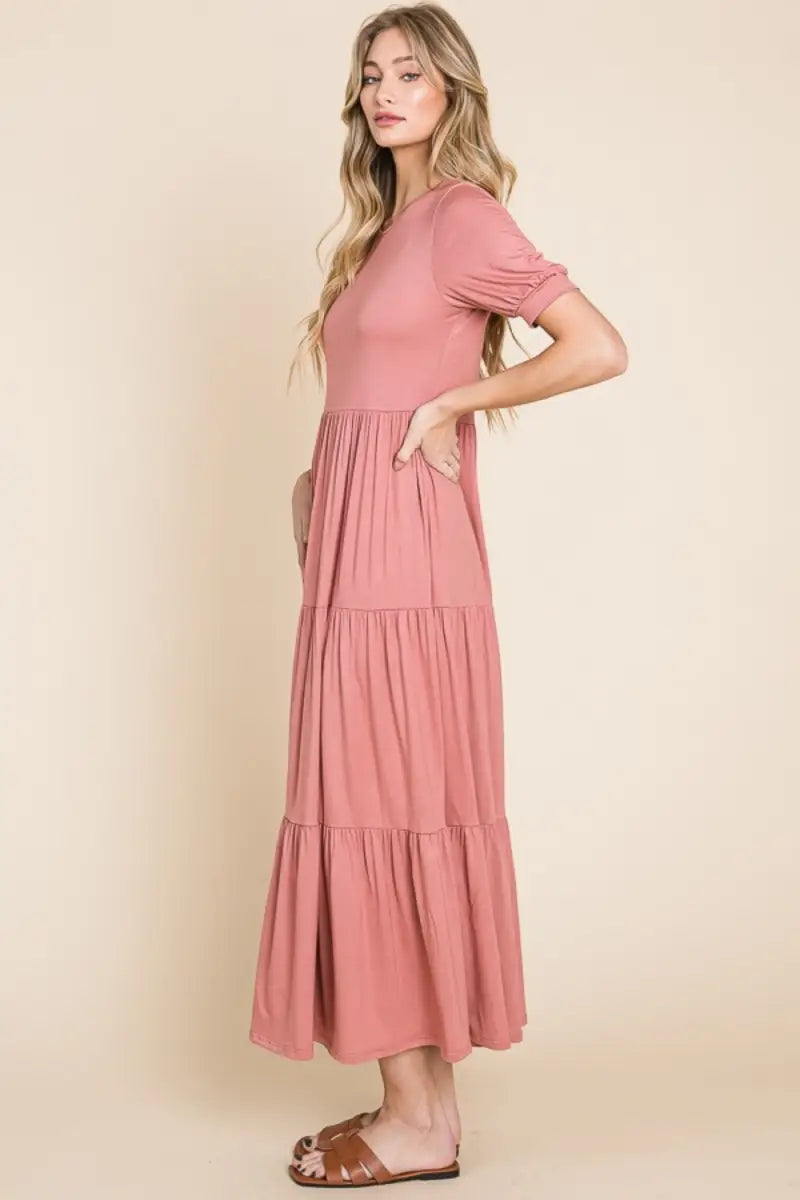 Short Sleeve Tiered Maxi Dress - Dress - BOMBOM - Dresses