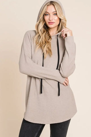 Taupe / S - Contrast Drawstring Drop Shoulder Knit Hoodie - Hoodie - BOMBOM - Tops