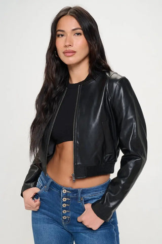 Black / S - Zip Up Cropped Bomber Jacket - Jacket - Coalition LA - Winter Collection