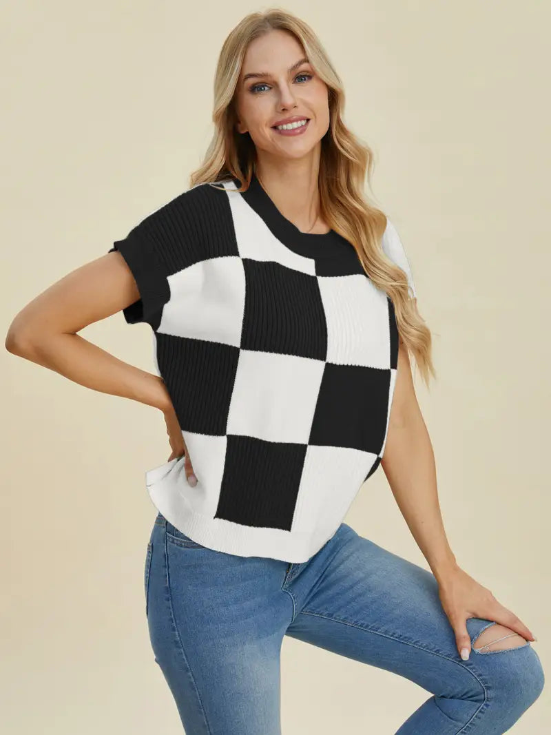 Black / S - Full Size Checkered Round Neck Short Sleeve Sweater - Sweater - Double Take - Winter Collection