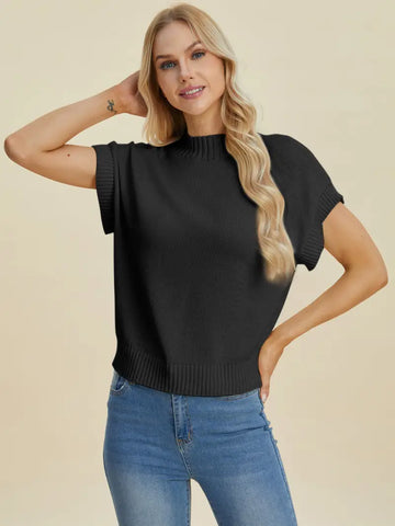 Black / S - Full Size Mock Neck Short Sleeve Sweater - Sweater - Double Take - Sweaters & Knitwear