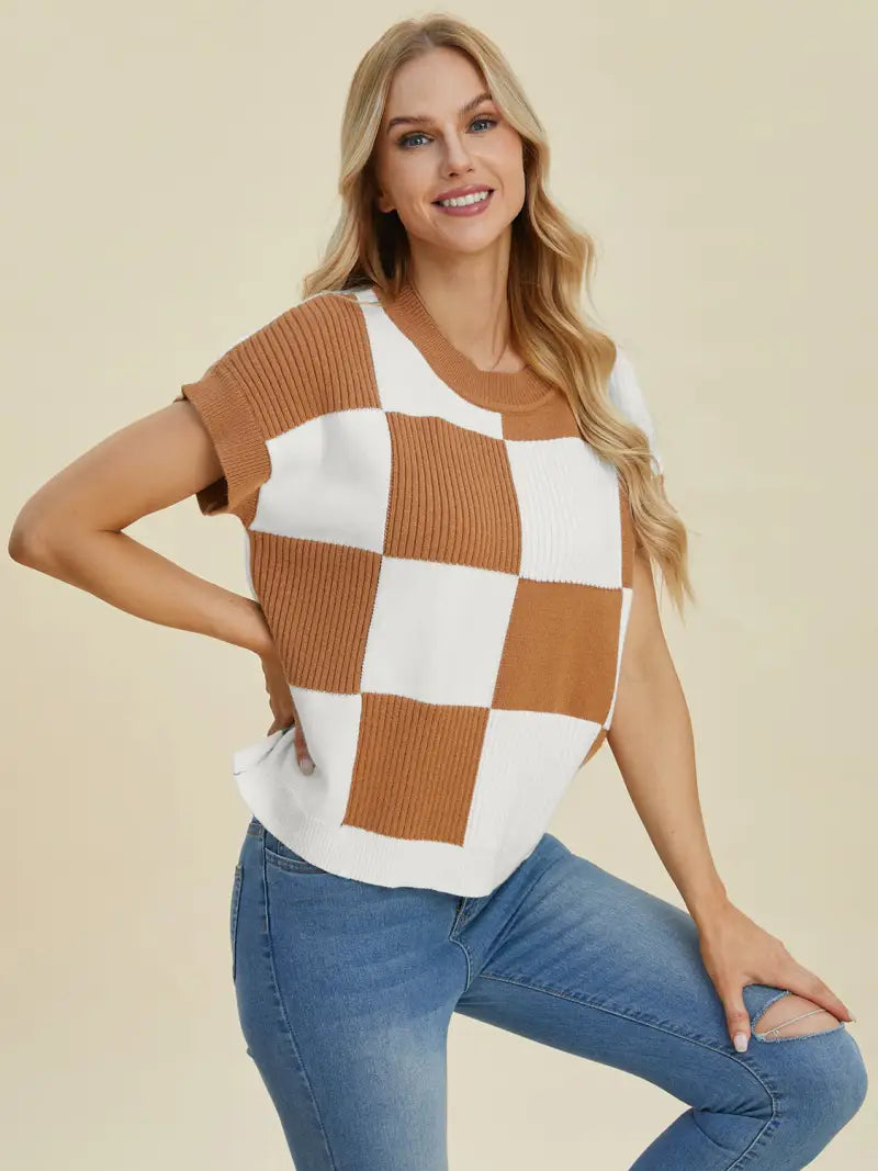 Camel / S - Full Size Checkered Round Neck Short Sleeve Sweater - Sweater - Double Take - Winter Collection