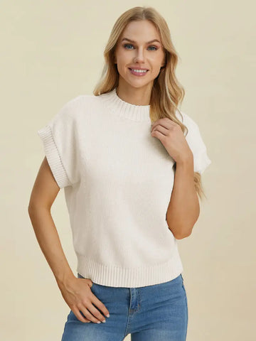 Cream / S - Full Size Mock Neck Short Sleeve Sweater - Sweater - Double Take - Sweaters & Knitwear