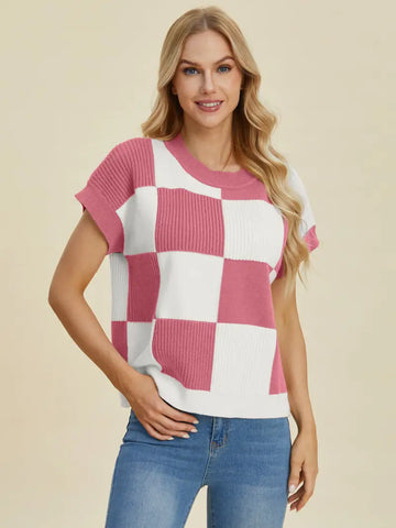 Dusty Pink / S - Full Size Checkered Round Neck Short Sleeve Sweater - Sweater - Double Take - Winter Collection