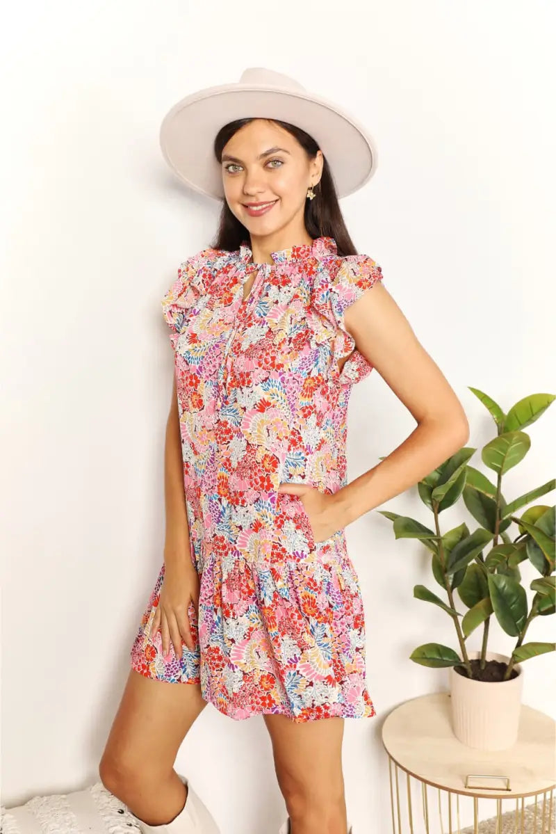 Floral Tie Neck Cap Sleeve Dress - Dress - Double Take - Dresses