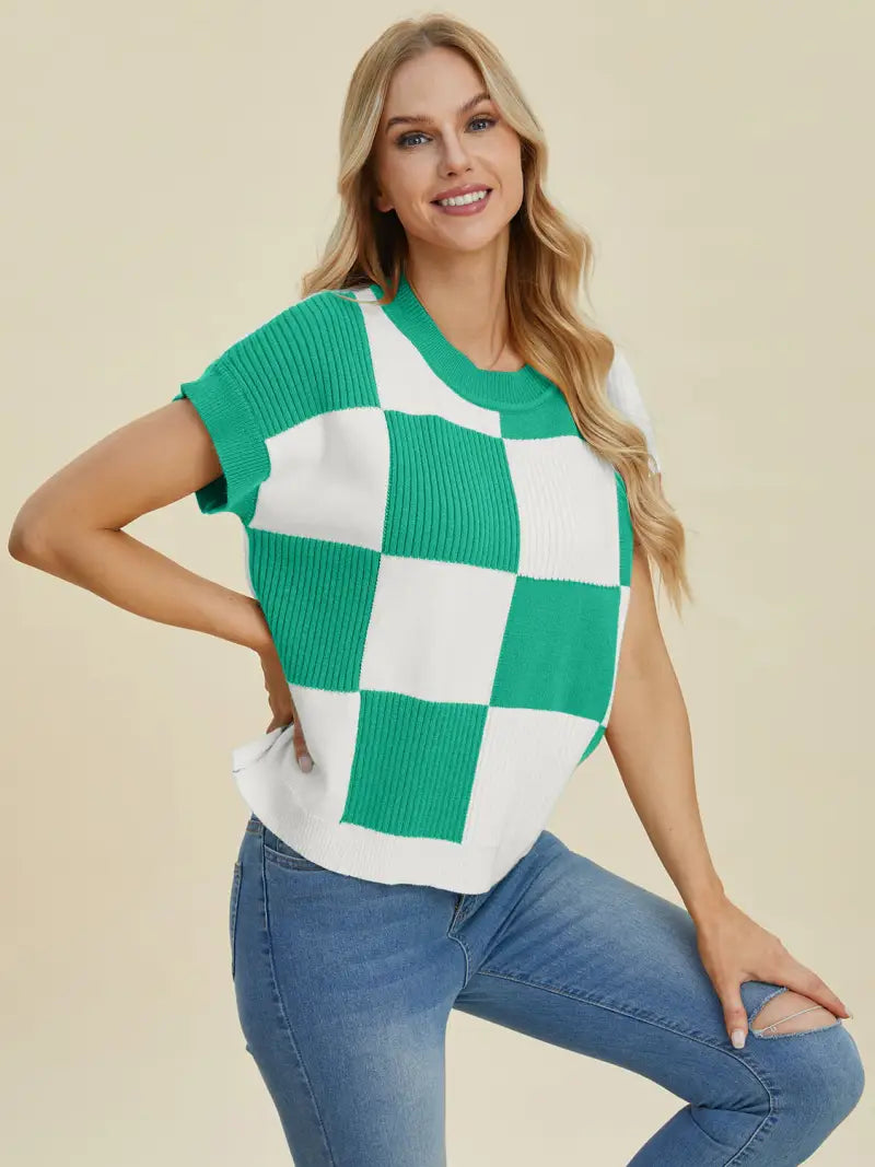 Full Size Checkered Round Neck Short Sleeve Sweater - Sweater - Double Take - Winter Collection