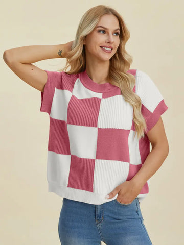 Full Size Checkered Round Neck Short Sleeve Sweater - Sweater - Double Take - Winter Collection