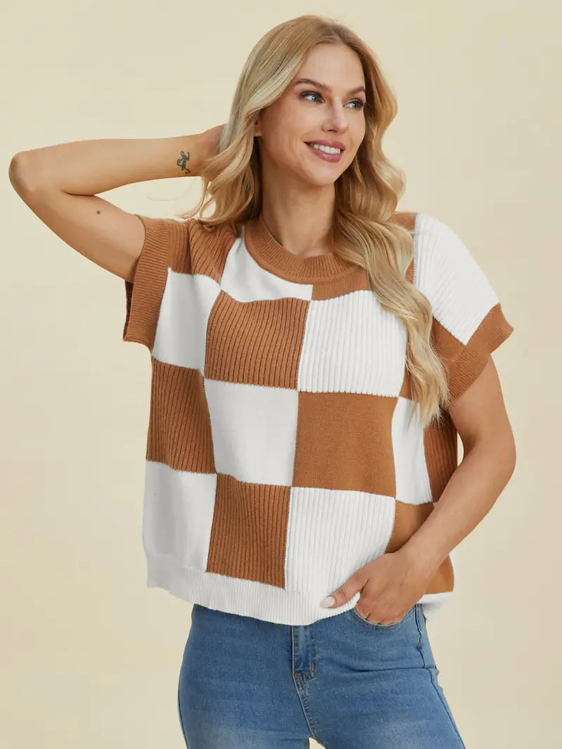 Full Size Checkered Round Neck Short Sleeve Sweater - Sweater - Double Take - Winter Collection