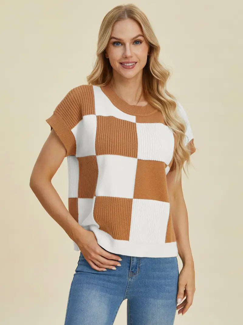 Full Size Checkered Round Neck Short Sleeve Sweater - Sweater - Double Take - Winter Collection