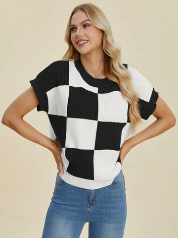 Full Size Checkered Round Neck Short Sleeve Sweater - Sweater - Double Take - Winter Collection