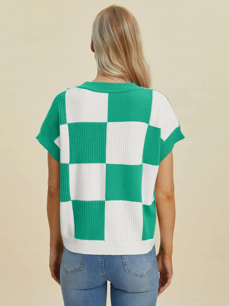 Full Size Checkered Round Neck Short Sleeve Sweater - Sweater - Double Take - Winter Collection