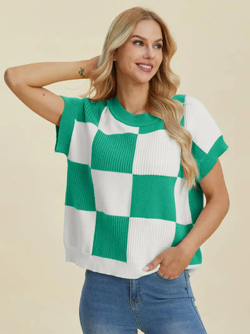 Full Size Checkered Round Neck Short Sleeve Sweater - Sweater - Double Take - Winter Collection