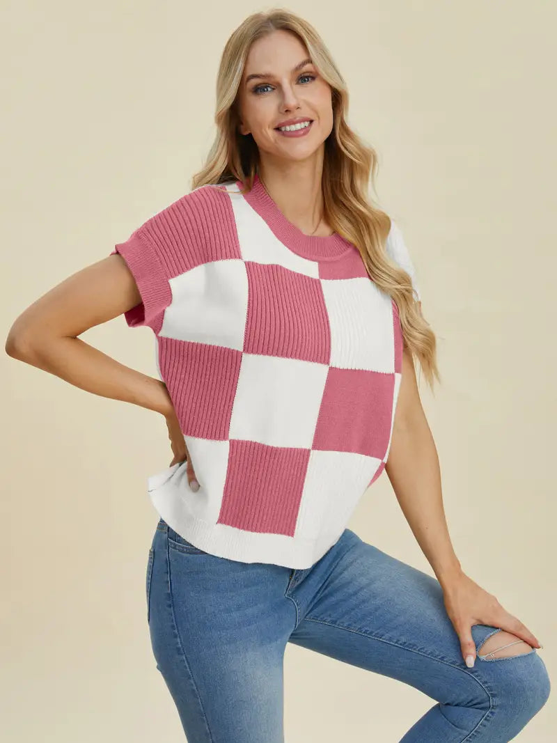 Full Size Checkered Round Neck Short Sleeve Sweater - Sweater - Double Take - Winter Collection