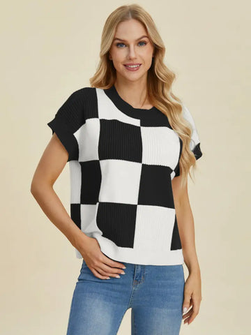 Full Size Checkered Round Neck Short Sleeve Sweater - Sweater - Double Take - Winter Collection