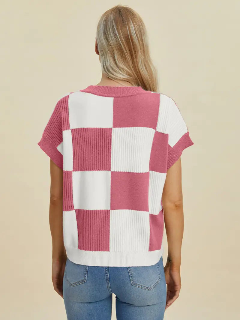 Full Size Checkered Round Neck Short Sleeve Sweater - Sweater - Double Take - Winter Collection