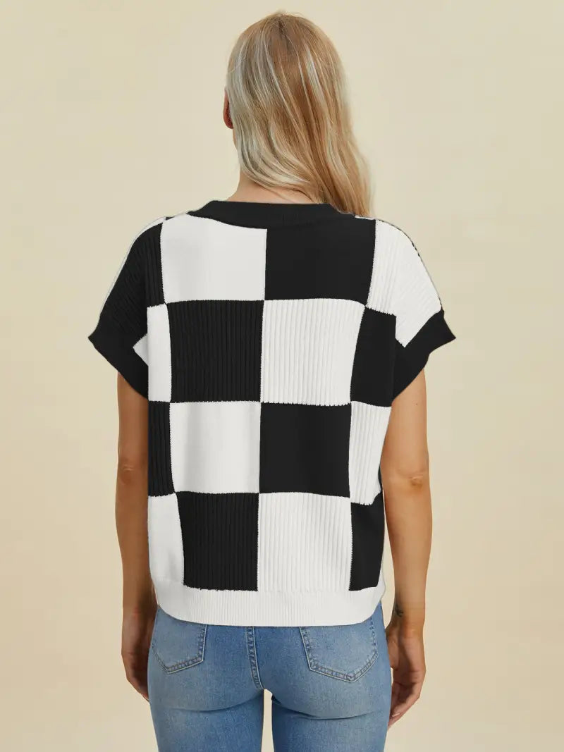 Full Size Checkered Round Neck Short Sleeve Sweater - Sweater - Double Take - Winter Collection