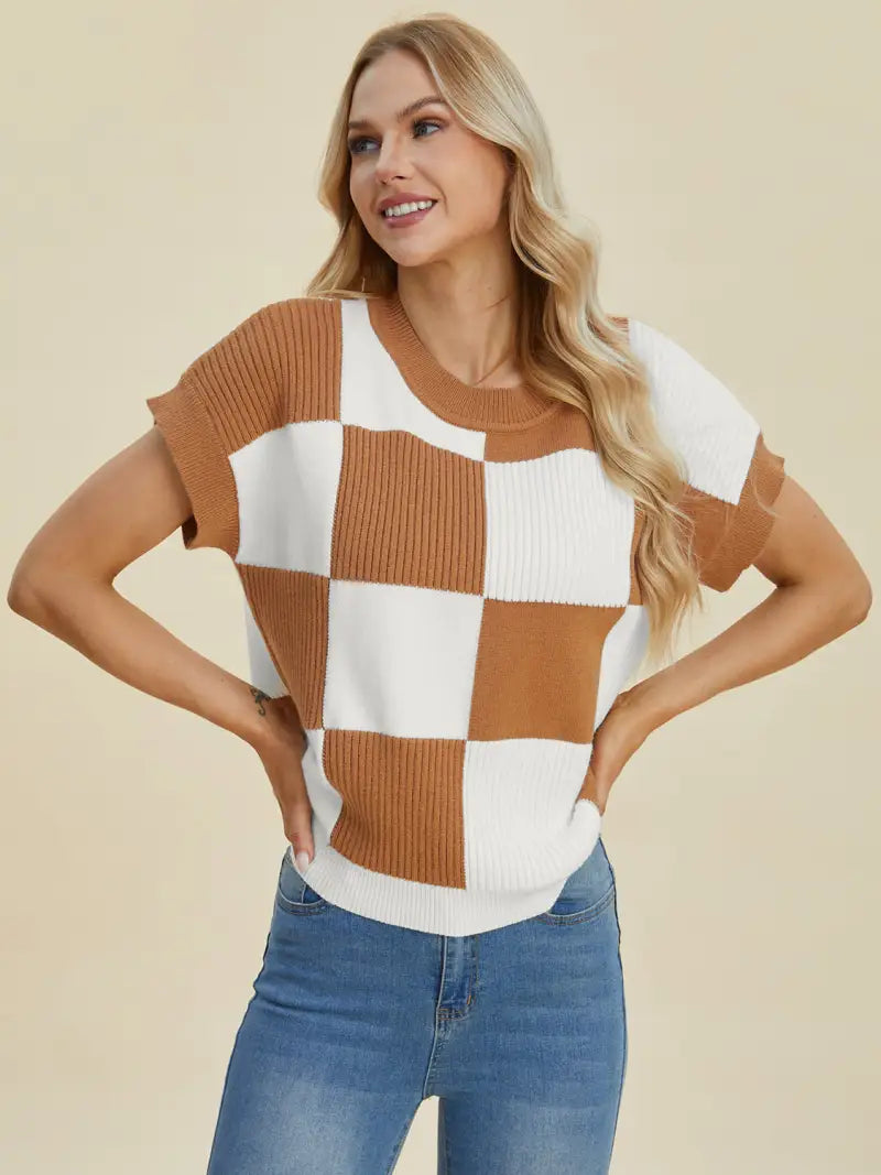 Full Size Checkered Round Neck Short Sleeve Sweater - Sweater - Double Take - Winter Collection