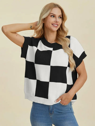 Full Size Checkered Round Neck Short Sleeve Sweater - Sweater - Double Take - Winter Collection