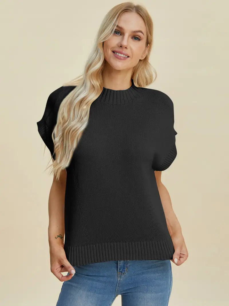 Full Size Mock Neck Short Sleeve Sweater - Sweater - Double Take - Sweaters & Knitwear