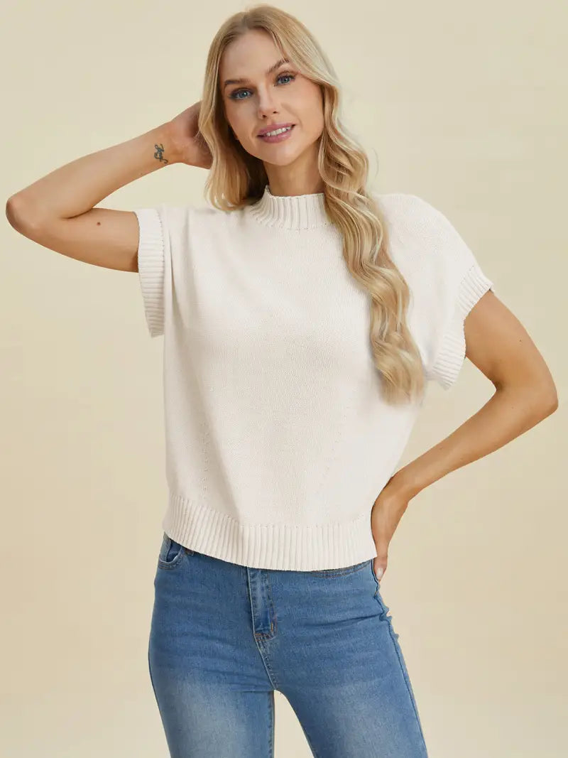 Full Size Mock Neck Short Sleeve Sweater - Sweater - Double Take - Sweaters & Knitwear