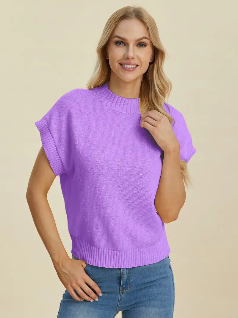 Full Size Mock Neck Short Sleeve Sweater - Sweater - Double Take - Sweaters & Knitwear