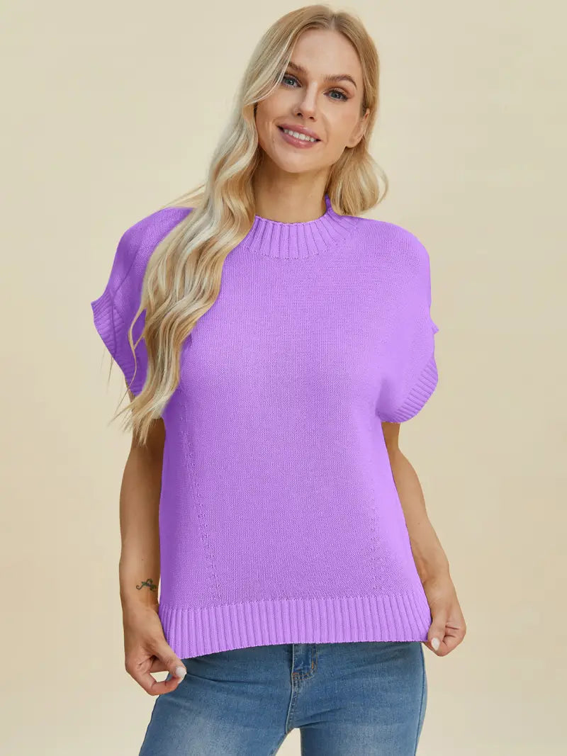 Full Size Mock Neck Short Sleeve Sweater - Sweater - Double Take - Sweaters & Knitwear