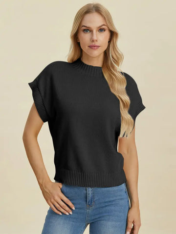 Full Size Mock Neck Short Sleeve Sweater - Sweater - Double Take - Sweaters & Knitwear