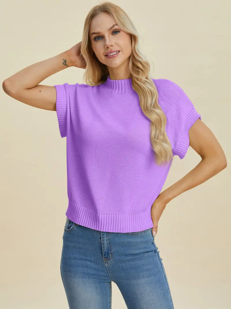 Full Size Mock Neck Short Sleeve Sweater - Sweater - Double Take - Sweaters & Knitwear