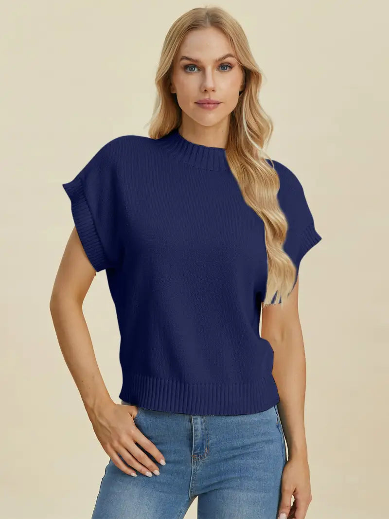 Full Size Mock Neck Short Sleeve Sweater - Sweater - Double Take - Sweaters & Knitwear