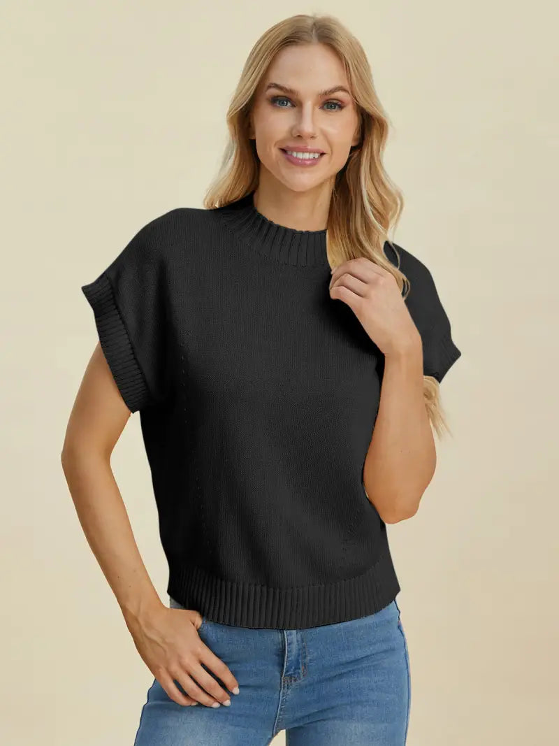 Full Size Mock Neck Short Sleeve Sweater - Sweater - Double Take - Sweaters & Knitwear