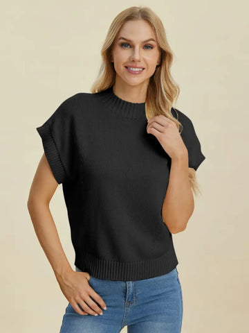 Full Size Mock Neck Short Sleeve Sweater - Sweater - Double Take - Sweaters & Knitwear