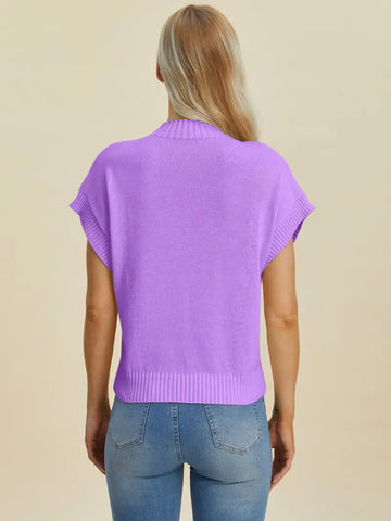 Full Size Mock Neck Short Sleeve Sweater - Sweater - Double Take - Sweaters & Knitwear