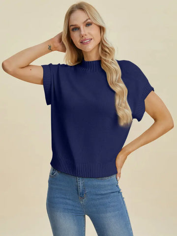 Full Size Mock Neck Short Sleeve Sweater - Sweater - Double Take - Sweaters & Knitwear