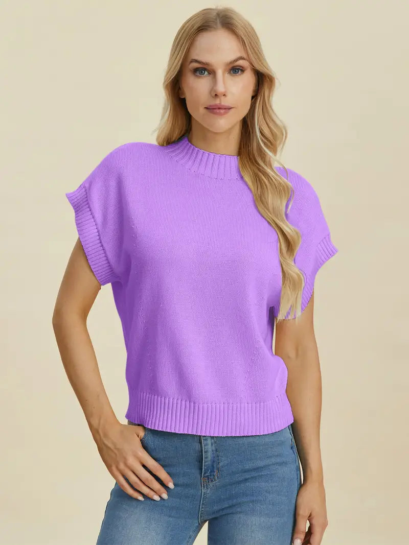 Full Size Mock Neck Short Sleeve Sweater - Sweater - Double Take - Sweaters & Knitwear