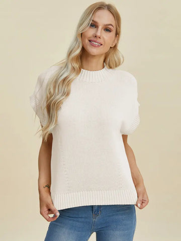 Full Size Mock Neck Short Sleeve Sweater - Sweater - Double Take - Sweaters & Knitwear