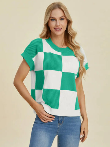 Turquoise / S - Full Size Checkered Round Neck Short Sleeve Sweater - Sweater - Double Take - Winter Collection