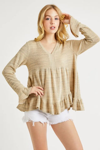 Taupe / S - V-Neck Flounce Sleeve Knit Top - Sweater - Hailey & Co - Sweaters & Knitwear