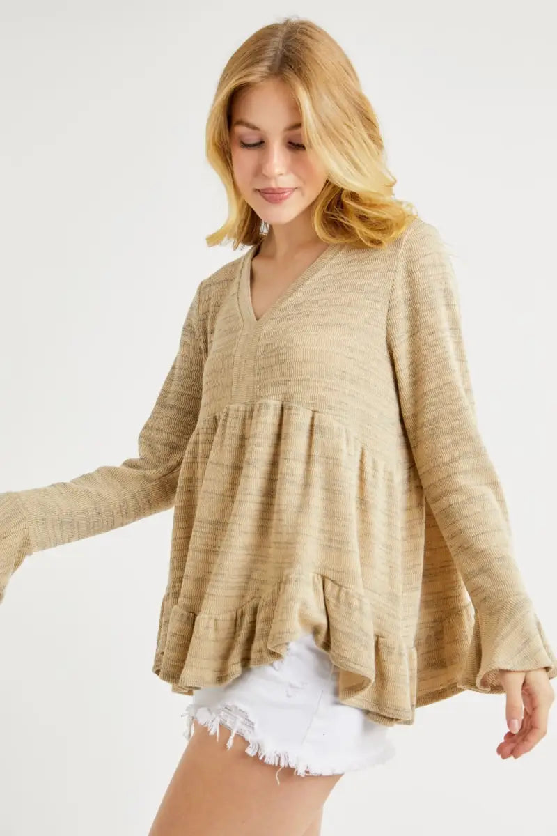 V-Neck Flounce Sleeve Knit Top - Sweater - Hailey & Co - Sweaters & Knitwear