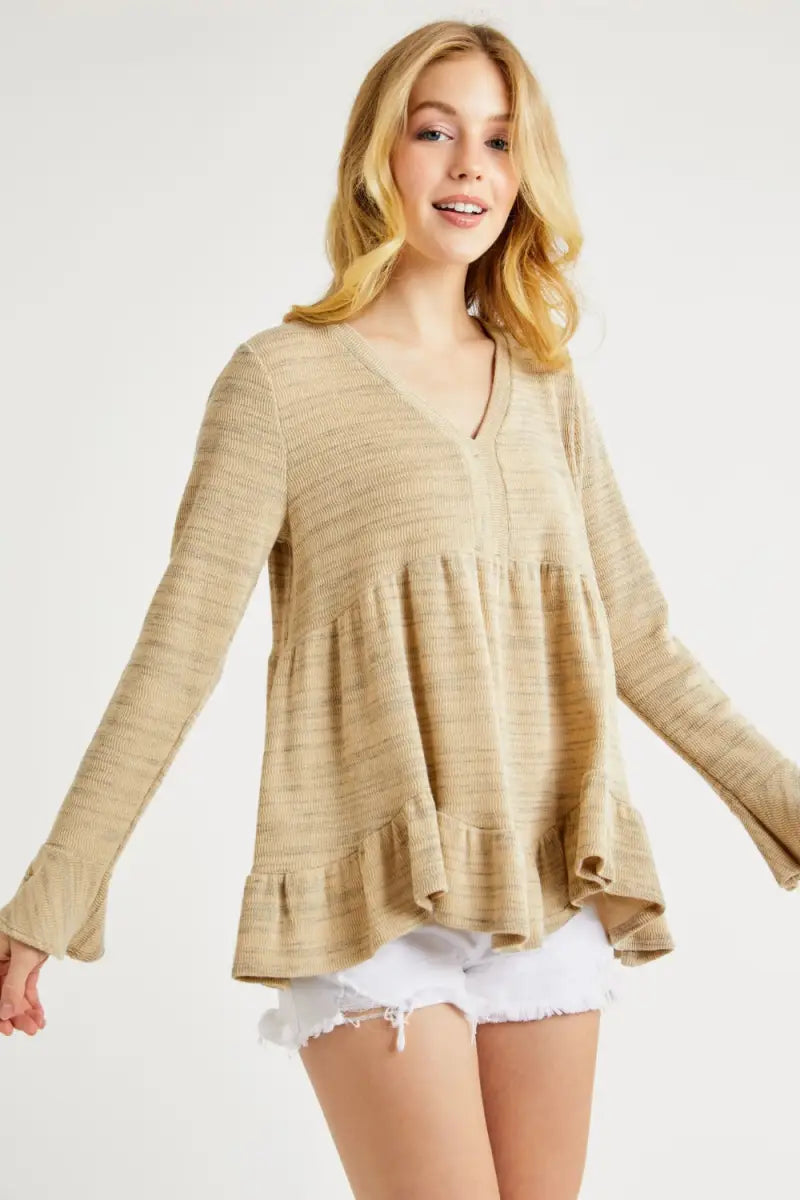 V-Neck Flounce Sleeve Knit Top - Sweater - Hailey & Co - Sweaters & Knitwear