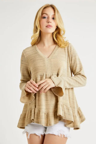 V-Neck Flounce Sleeve Knit Top - Sweater - Hailey & Co - Sweaters & Knitwear