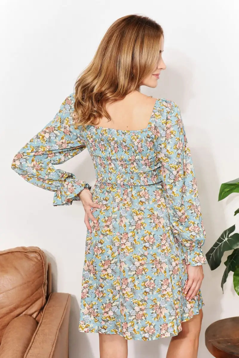 Honey Floral Smocked Flounce Sleeve Square Neck Dress - Dress - Hanny - Dresses