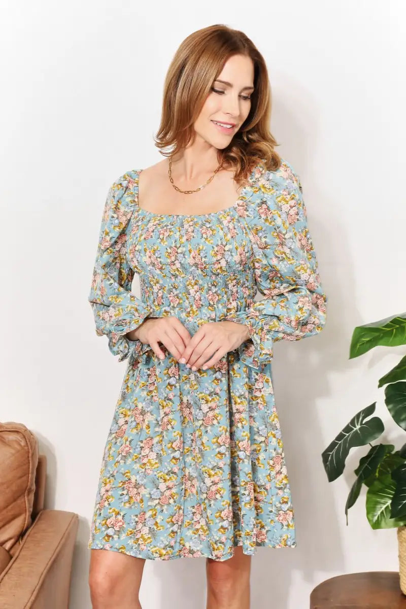 Honey Floral Smocked Flounce Sleeve Square Neck Dress - Dress - Hanny - Dresses