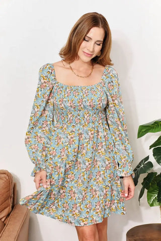 Honey Floral Smocked Flounce Sleeve Square Neck Dress - Dress - Hanny - Dresses