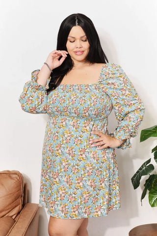 Honey Floral Smocked Flounce Sleeve Square Neck Dress - Dress - Hanny - Dresses