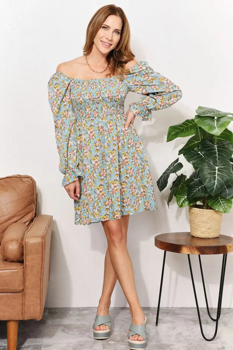 Honey Floral Smocked Flounce Sleeve Square Neck Dress - Dress - Hanny - Dresses