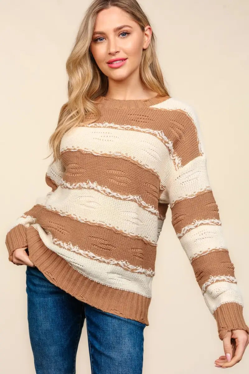 Camel/Ivory / S - Striped Contrast Distressed Sweater - Sweater - Haptics - Winter Collection