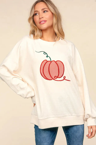 Full Size Embroidery Pumpkin Long Sleeve Knit Top - Sweatshirt - Haptics - Winter Collection